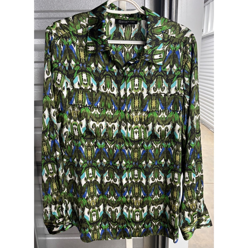 Jones New York Collection Green Blue Ikat Print Button Down Blouse Size 12